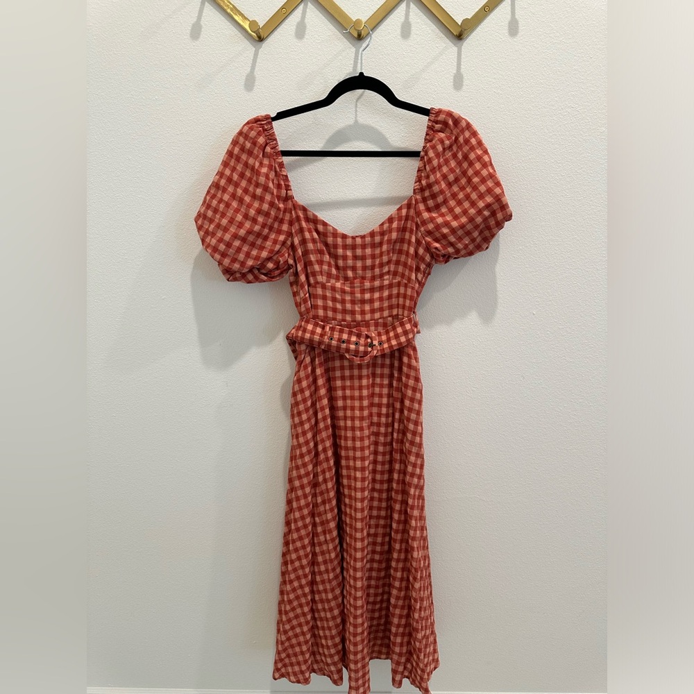 MINKPINK Red Gingham Midi Dress with Puff Sleeves